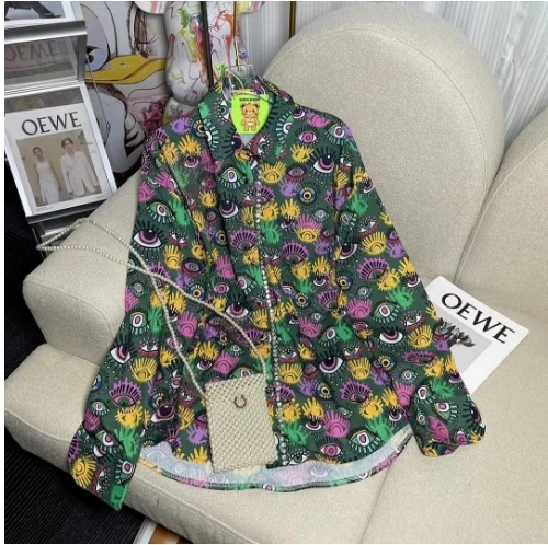 2024 Spring New Products Sweet Eye Pattern Rhinestone Full Printed Pink Fashion Loose-Fitting Long Sleeves Shirt Women Tops