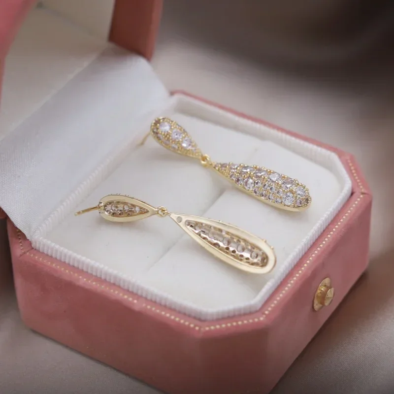 French new fashion jewelry 14K gold plated luxury Zircon water drop pendant earrings elegant women\'s evening party accessories
