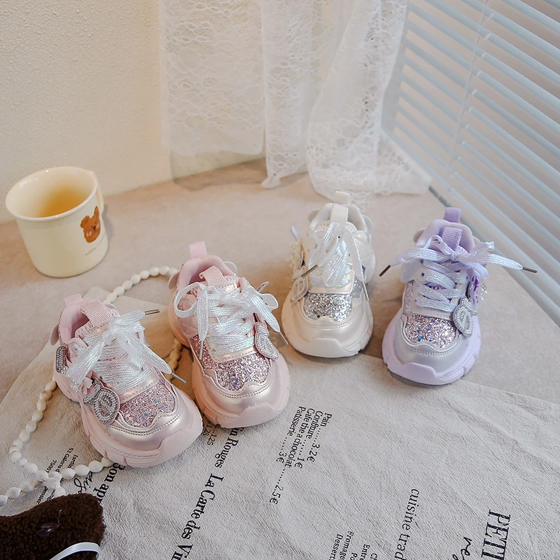 

Girls' Sports Shoes Princess Soft Bottom Fashionable Butterfly Shiny Sequins Shoes Spring New Style Children Casual Shoes