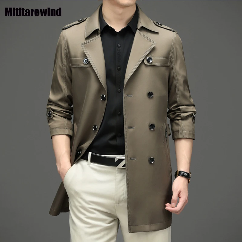 British Style Trench Coats Men Business Casual Mid-long Khaki Windbreaker Fashion Suit Collar Button Jacket for Men High Quality