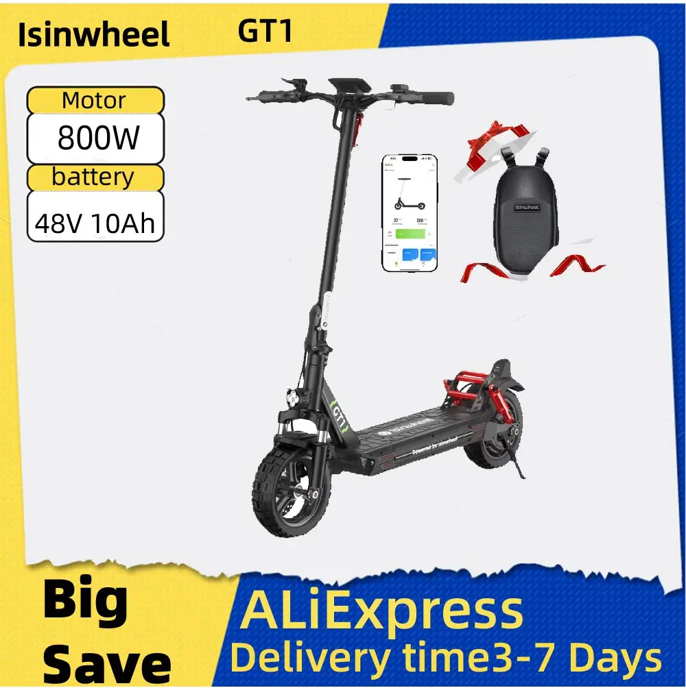

Isinwheel GT1 Adult Electric Scooter 48V 10Ah Battery 10" pneumatic off road tire Foldable E-scooter