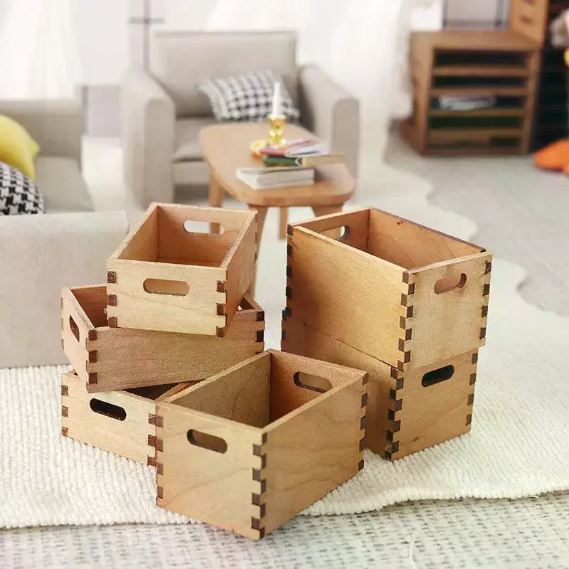 أثاث بيت الدمى الصغير 1/12 - سلة تخزين خشبية صغيرة، نموذج إكسسوارات ديكور بيت الدمية