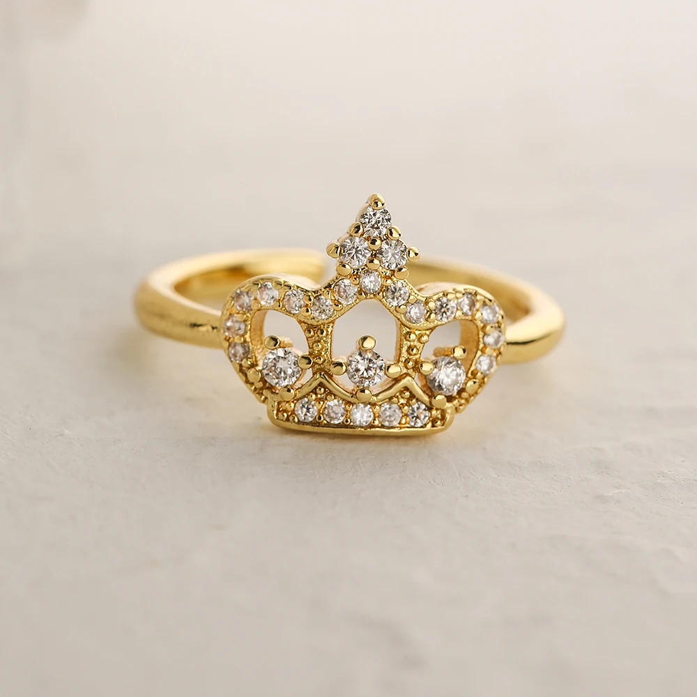 NEWBUY 2024 Trendy Gold Color Crown Charm Finger Rings Open Design Adjustable Shiny CZ Zircon Wedding Jewelry Female