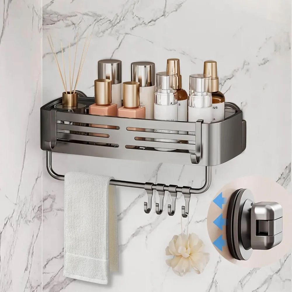 

Душевая подставка на присоске, полка для душа без сверления, угловая душевая подставка с 6 портативными крючками, съемная органайзер для ванны