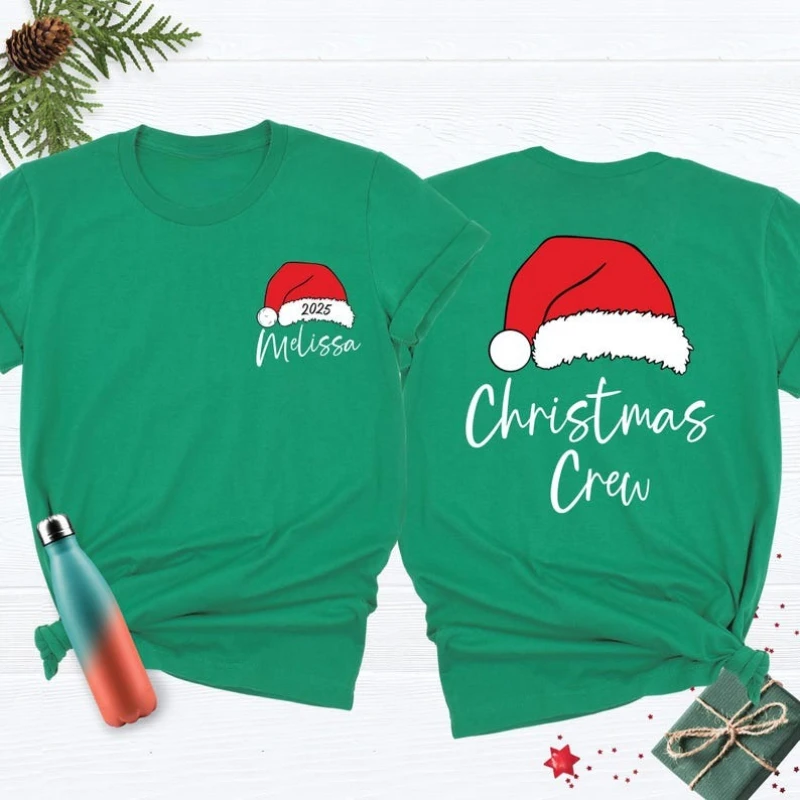 

Custom Santa Hat Name Crew 2025 Personalized Xmas Party Gift Unisex Tee Festive Holiday Family Matching Christmas Lovely Tees