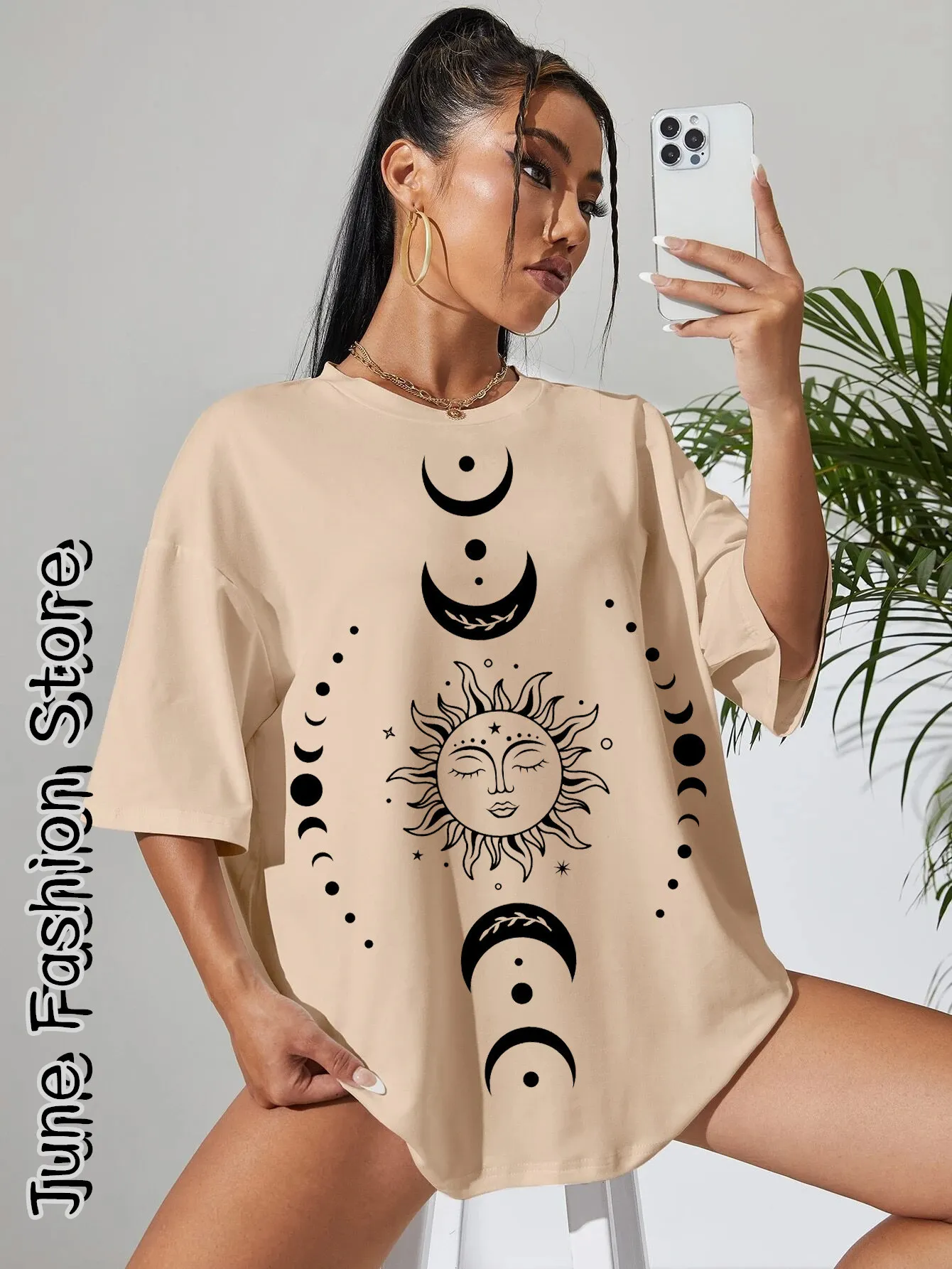 Summer Women Vintage Cotton T-Shirt Short Sleeve Clothing Female Cartoon Sun Moon Graphic Tops Tees Girls Casual Streetwear