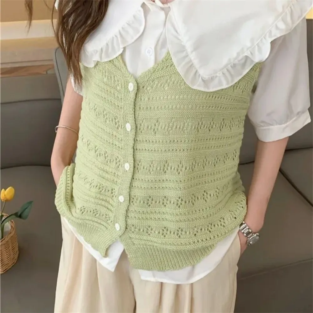 Modische, durchbrochene Strickjacke mit V-Ausschnitt, dünne, sonnenschützende Oberteile, ärmellose, lässige Oberbekleidung für Damen – Detail 3