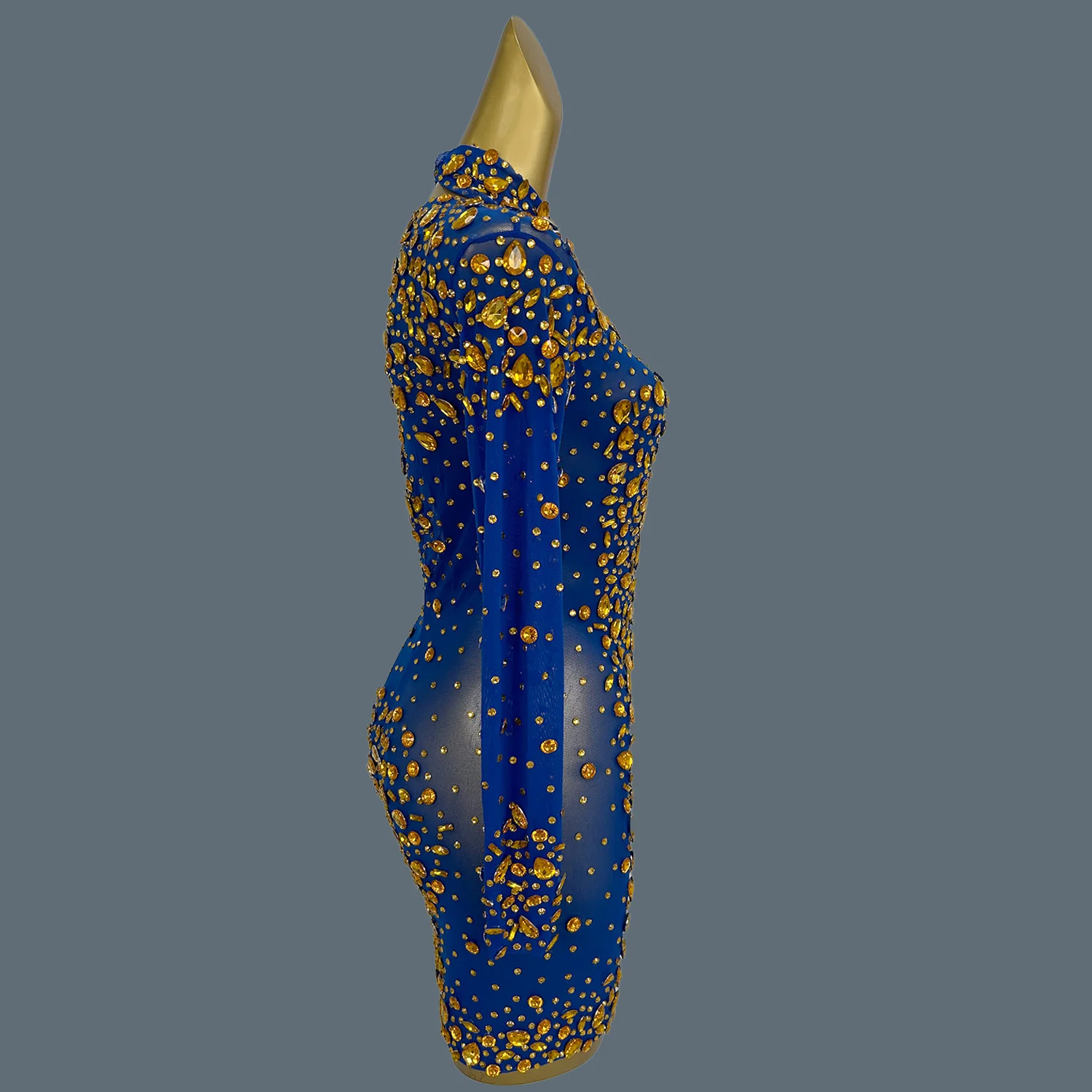 

Women's Sheer Blue Mesh Golden Crystals Mini Dress Club Party Birthday Elegant Sparkly Event Dress Luxury Dinners Dress Cuixing