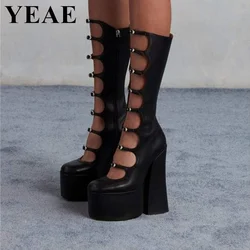 Thick Sole Black Hollow Out Knee High Boots Women Platform Square Heel Dance Shoes Super High Heel Sexy Boots Plus Size Footwear