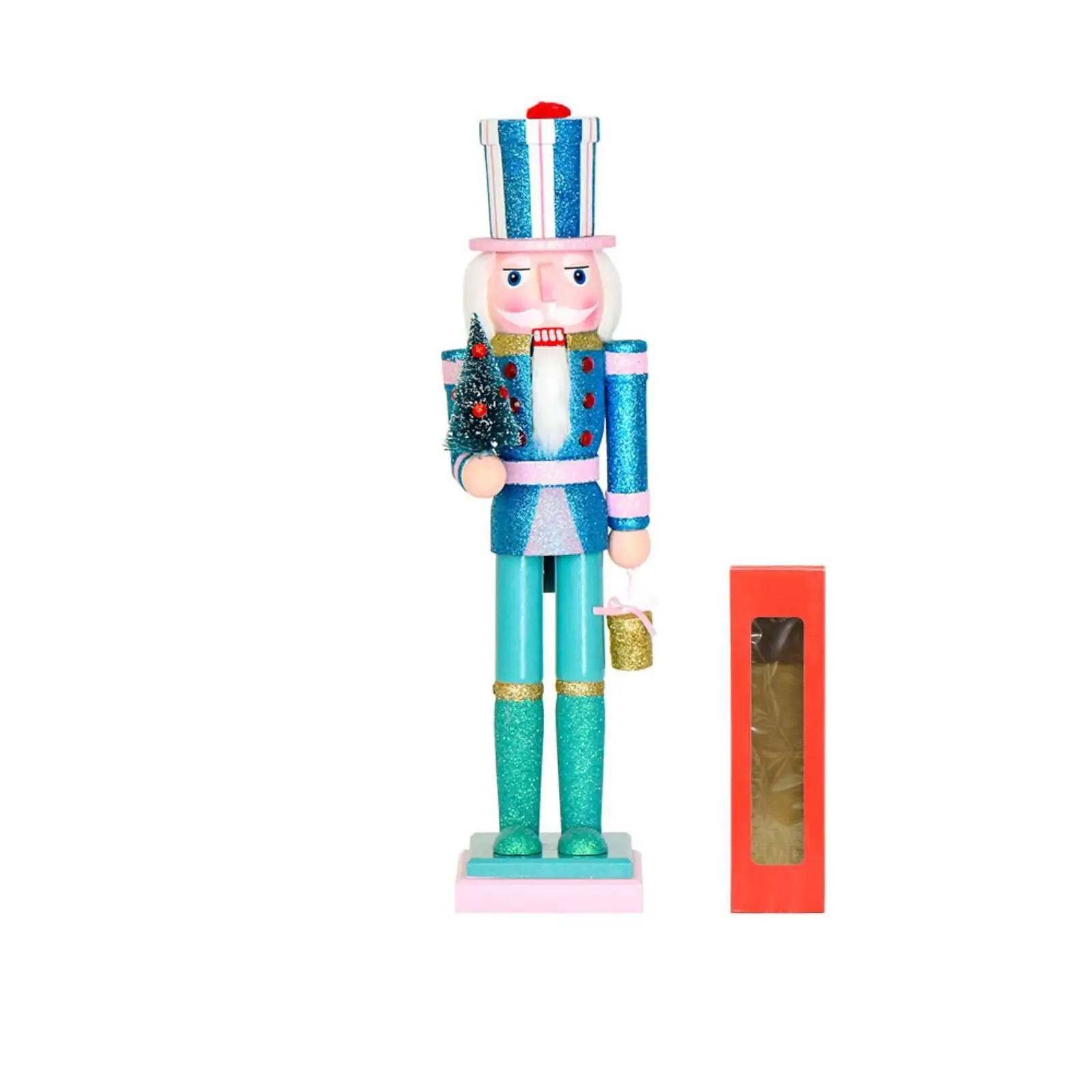 Miniature Decoration Wooden Nutcracker Soldier Christmas Figure 38cm with Top Hat and Beard for Festive Mantel Shelf Cute