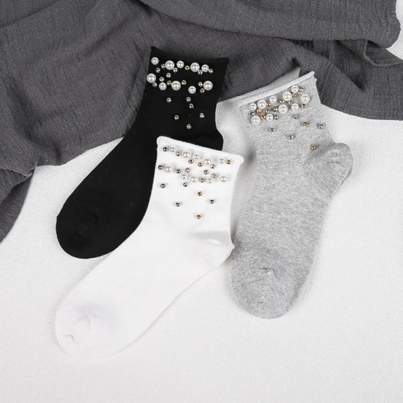 Fashion Women Solid Color Casual Socks w/ Pearls Decoration Ladies Short Cotton Socks