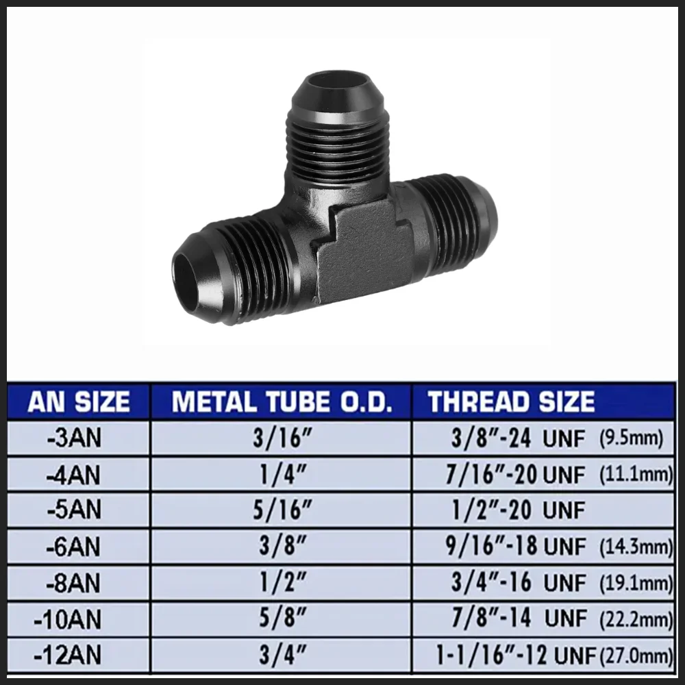 AN3 AN4 AN6 AN8 AN10 AN12 Universal Aluminum Hose Tee Connector Fitting Male To Male Tee On Side Thread Fitting Adapter Black