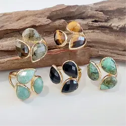 FUWO 1Pc Natural Crystal Flower Shape Ring, Three High-quality Stones  Small Water Droplets Constitute, For Woman Gift RG059