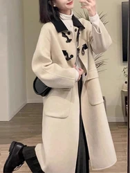 Preppy Style Horn Button Woollen Coat Women Winter 2023 Loose Warm Casual Outerwear Long Coat Women Fashion Korean Trench Jacket