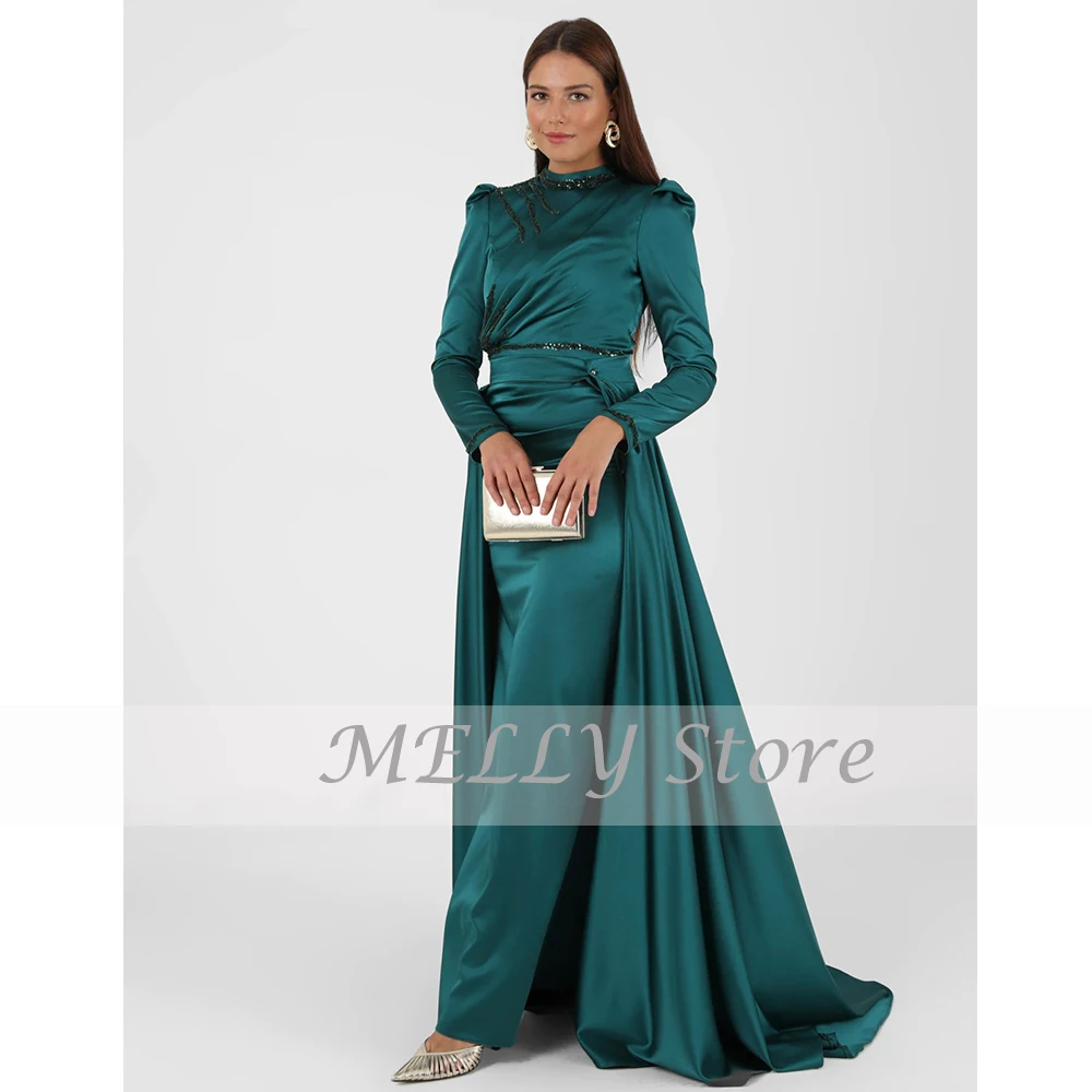 Robe de Soirée Verte à Col Haut et Manches sulf, Tenue de Bal en Satin, avec Paillettes, Balayage, Train, Sirène, 2023