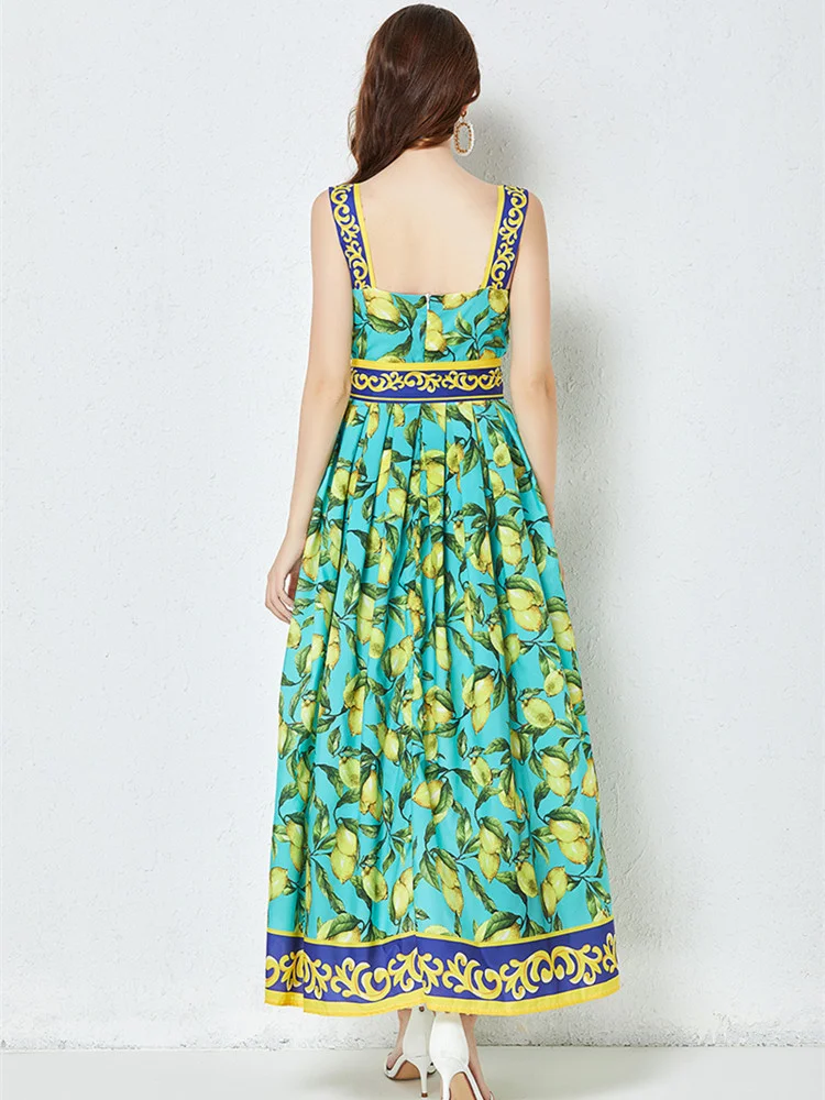 Robe d\'été longue à bretelles spaghetti style bohème, tenue à imprimé citron, bonnet rembourré, ceinturée, élégante, dos nu, vêtement éducatif