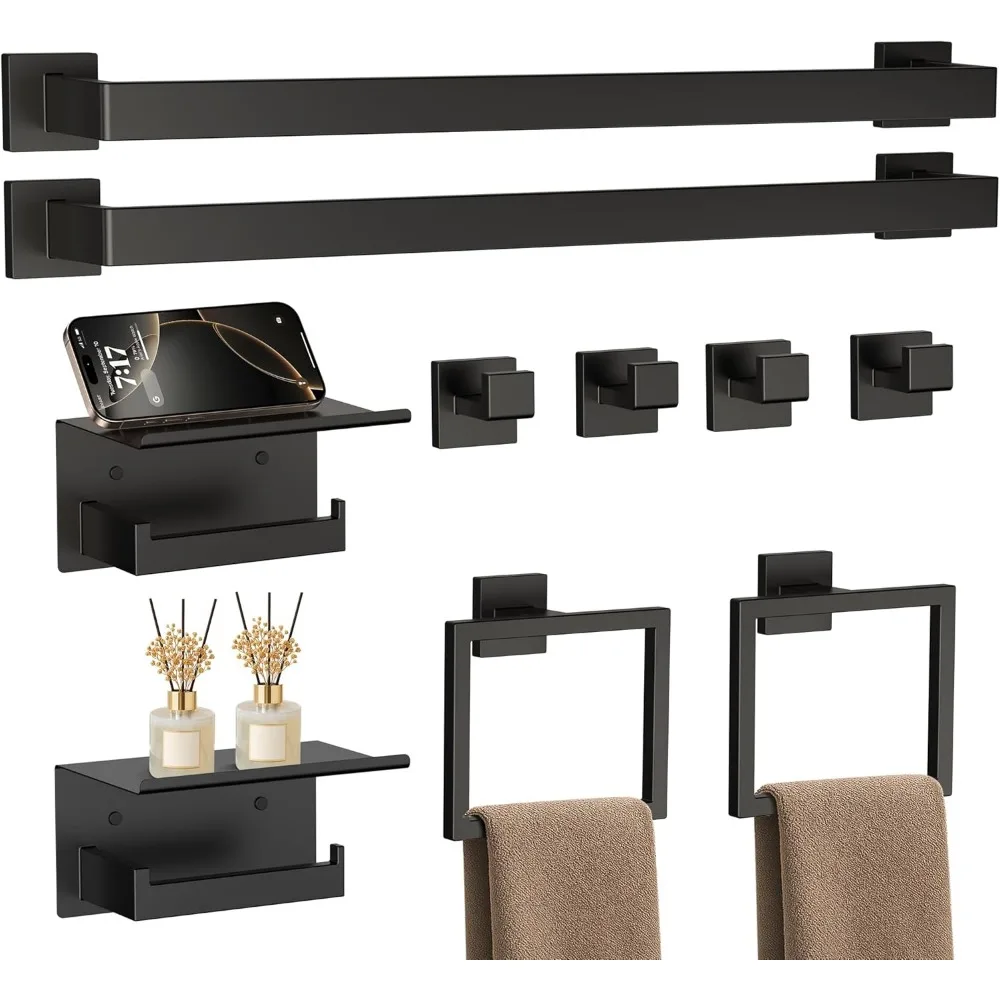 

Matte Black 10-Piece Bathroom Accessory Set, 23.6 Inch, Stainless Steel Towel Bar Hardware