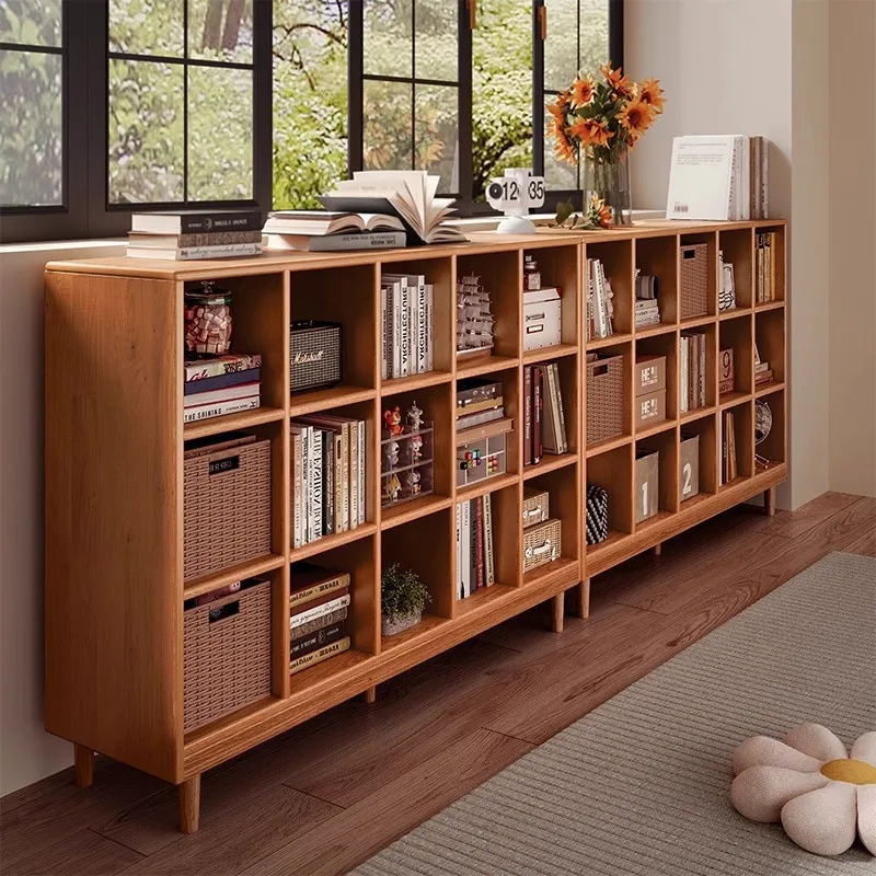 All solid wood bookshelf, floor-to-ceiling shelf, cherry wood color, wall-to-wall household bookcase