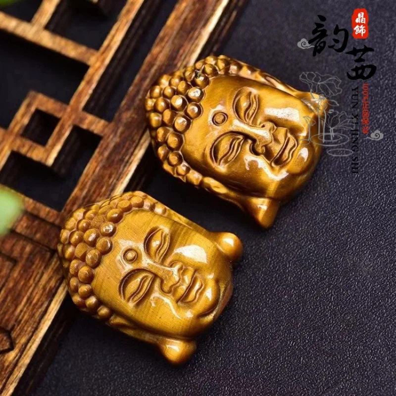 Natural crystal Tigereye yellow tiger carving Avalokitesvara Sakyamuni Buddha head carry-on pendant pendant Temple