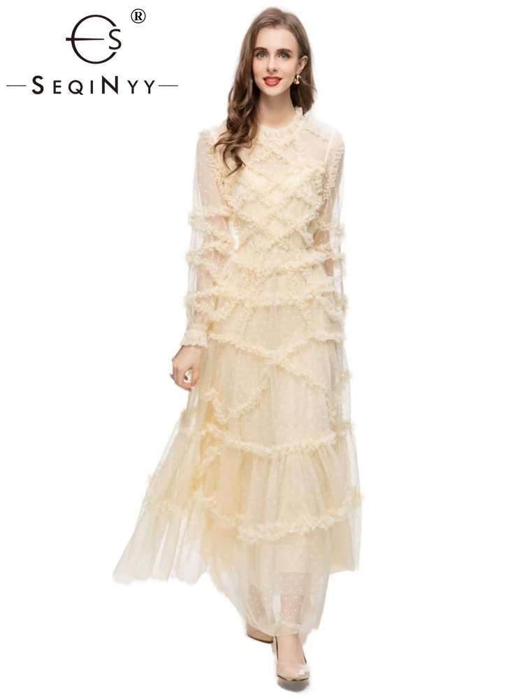 

SEQINYY Elegant Party Dress Summer Spring New Fashion Design Women Runway Beige Mesh Ruffles Midi High Street Casual