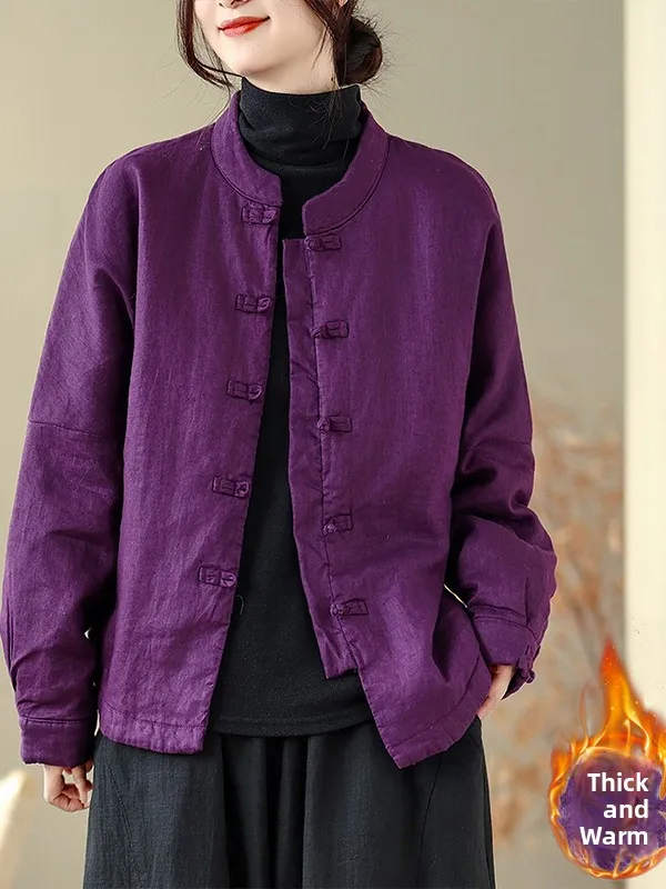 

Women's plus Size Cotton Jaet Double Layer National Sle Attractiven Purple Tone Button Faionable High-End Feeling