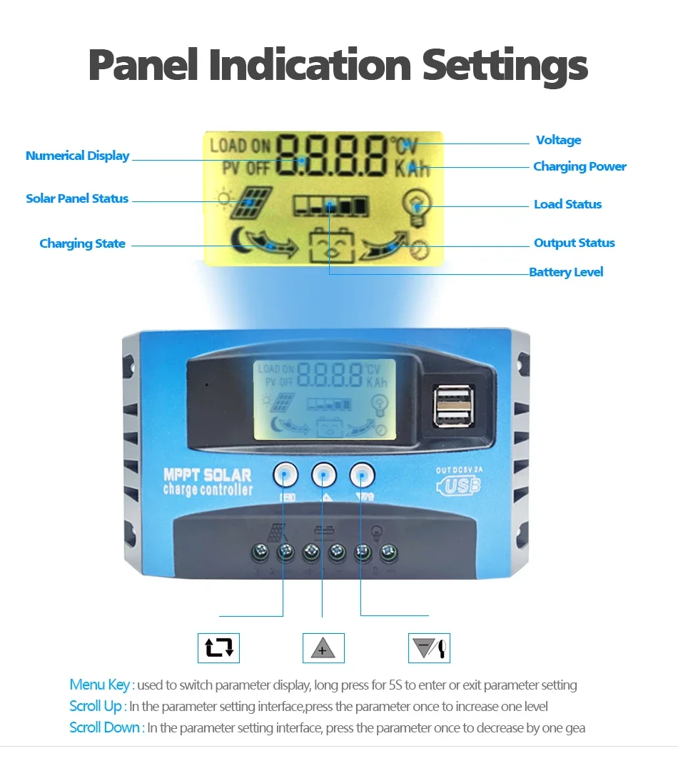 LCD Display Dual USB MPPT Solar Charge Discharge Controller 30A 50A 80A 100A 12V 24V Auto