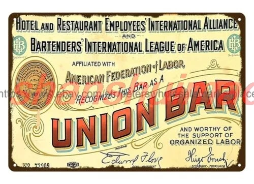 SHANSHUI Union Bar bartenders International League hotel restaurant employees metal tin 1pc