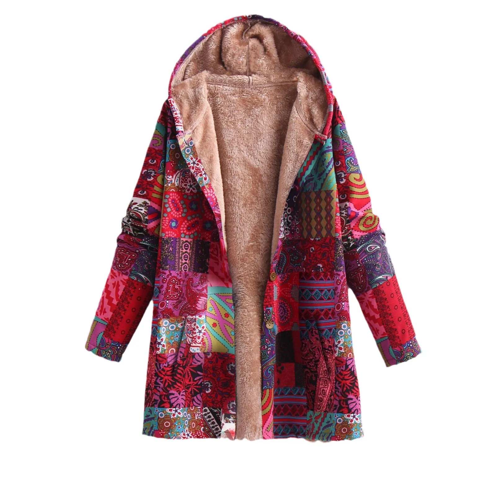 Winter Coat Female Hooded Jacket Printed Cotton Linen Long Sleeve Loose Fit Mid Long Length Single Breasted Button Closure