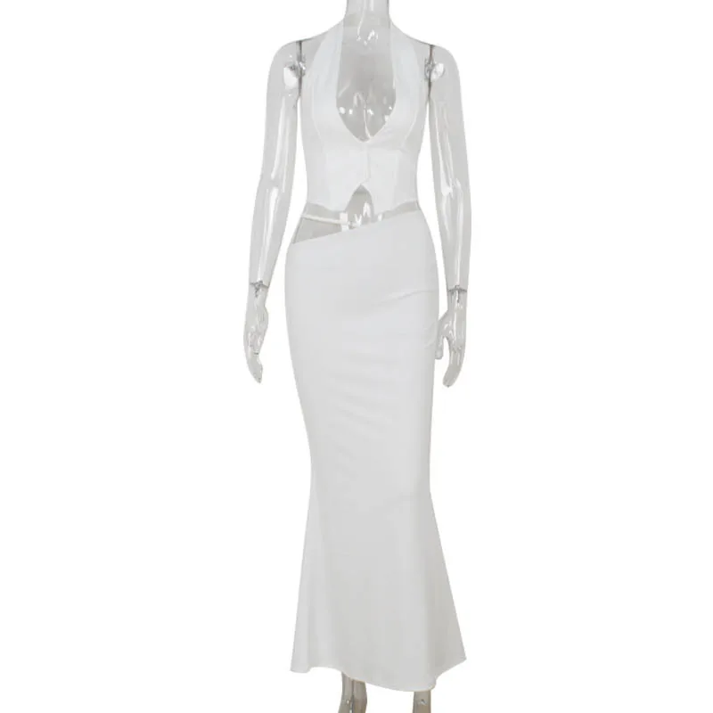 Damenmode Neues Neckholder-Set, rückenfrei, tiefes Oberteil, figurbetont, langer Rock, elegantes Set im Socialite-Stil