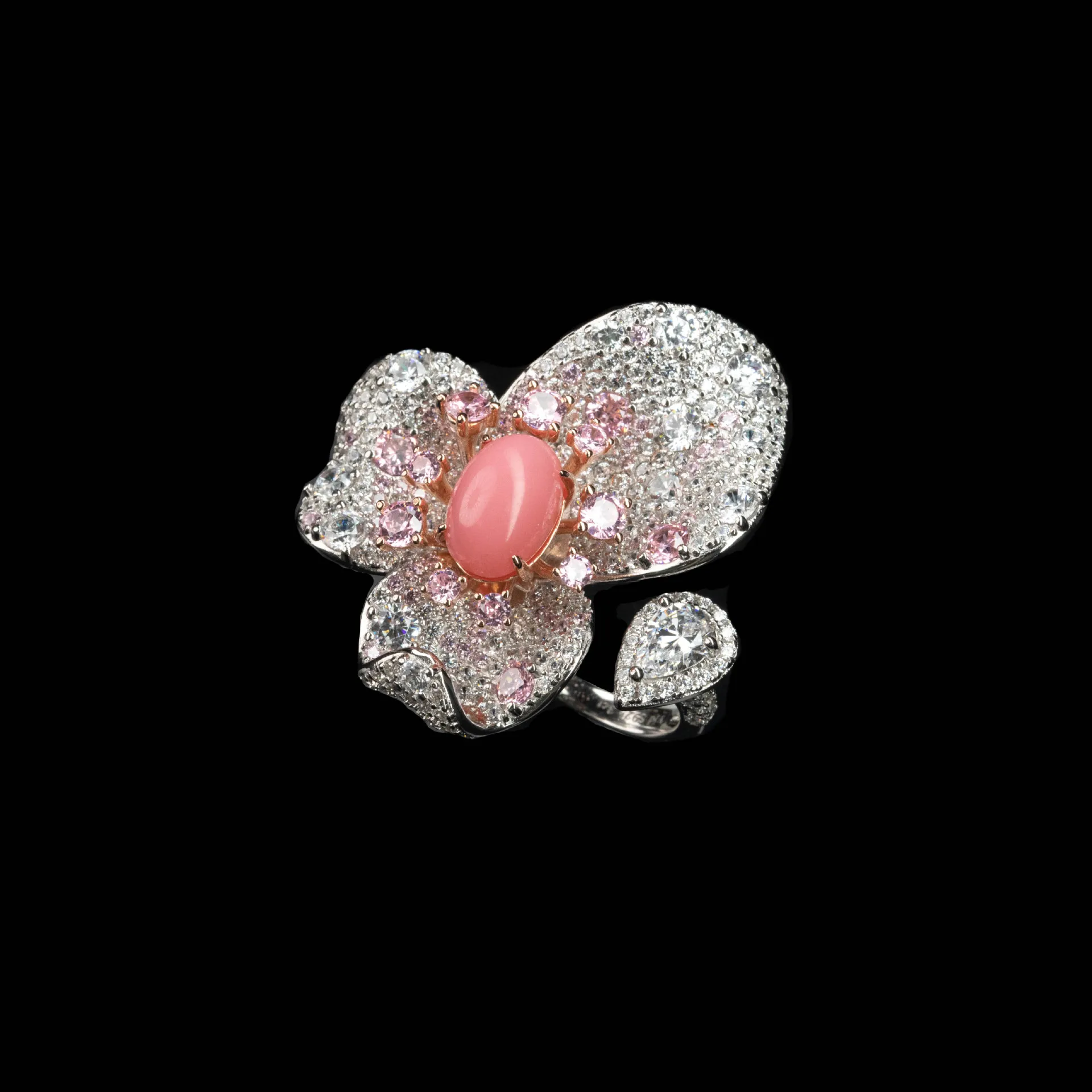 New S925 Silver Ring High Carbon Diamond Pink Conch Bead Egg Noodles Flower Luxury Girl Ring Wedding Jewelry