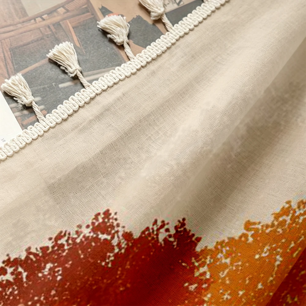 1PC Fall Tassel Sheer Curtain, Red Roof Cottage, Digital Print, Linen Polyester, Bedroom Living Room Kitchen, Home Decor