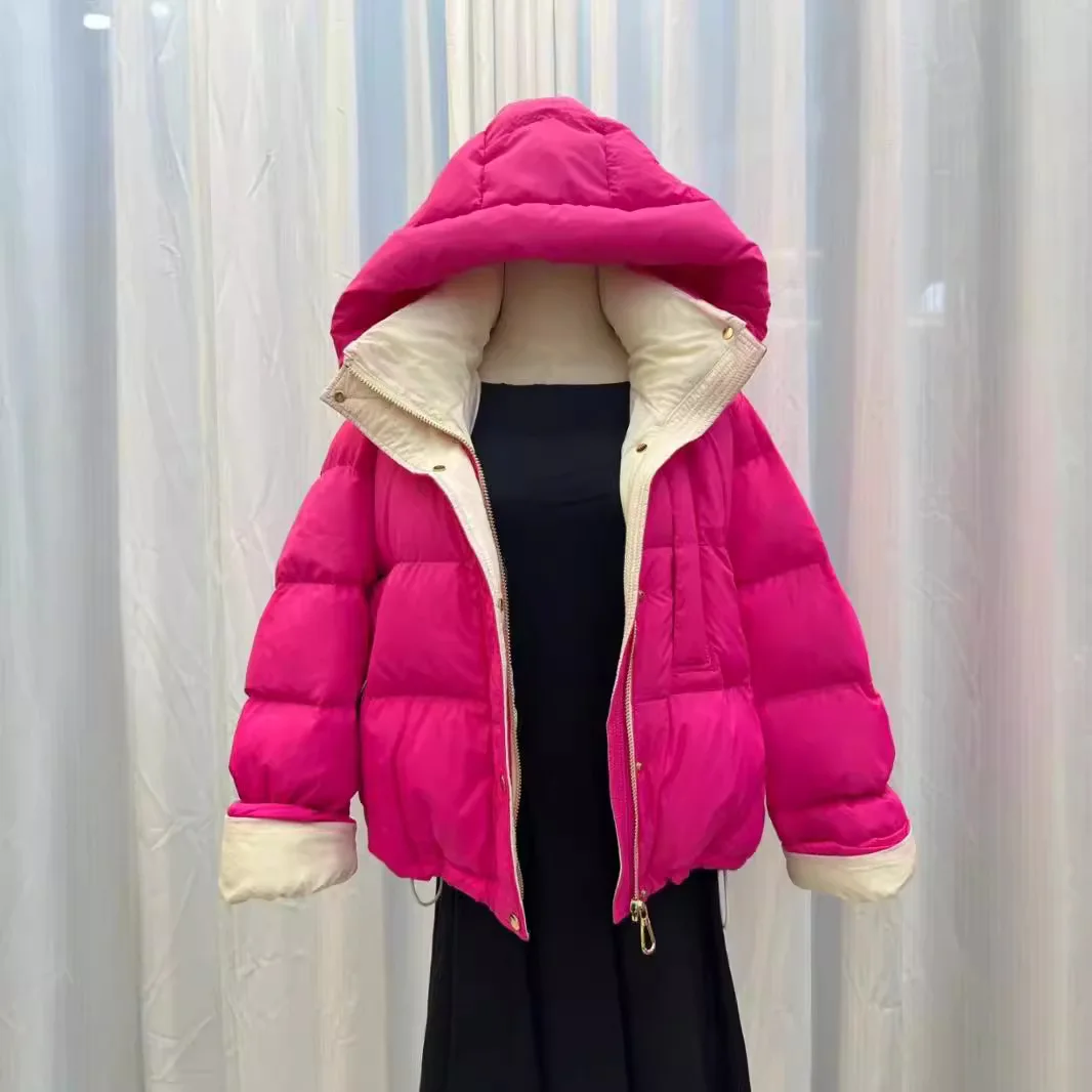 

Winter New Clothes for Women Ultra-light Loose Hooded Short Down Coats White Duck Down Color Collision Warm Puffer Jacket