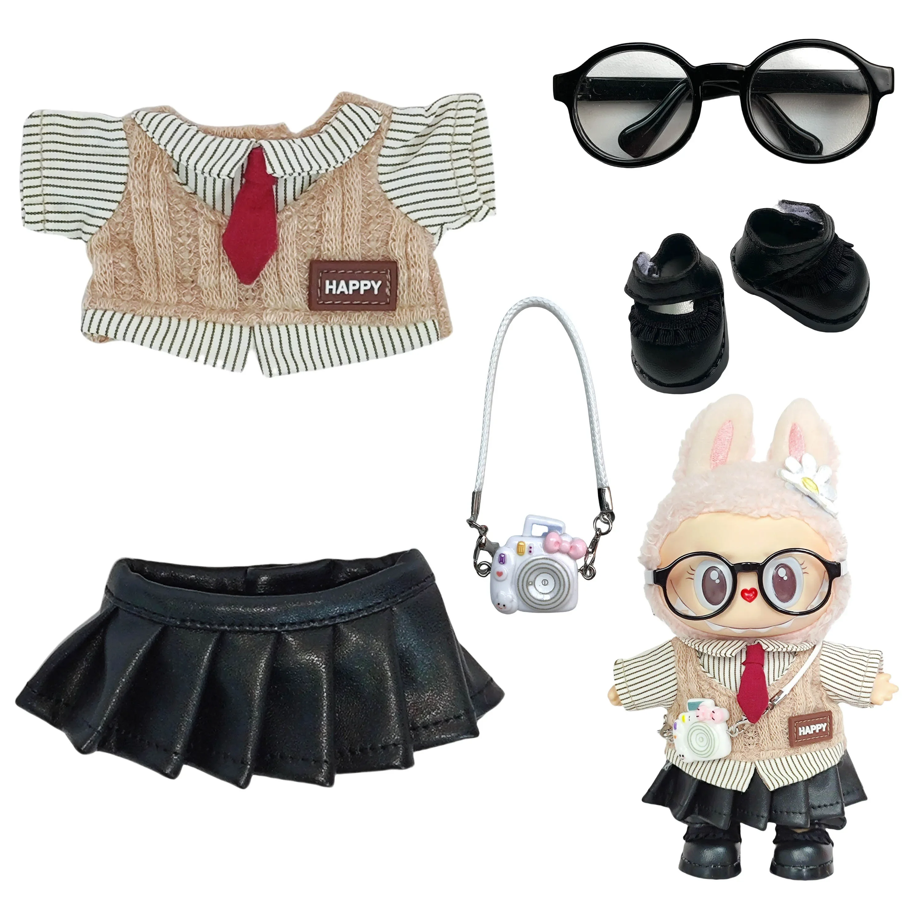 ملابس لابوبو الزي الحلو والرائع للدمى قميص الحرم الجامعي + تنورة جلدية فاسق + أحذية المصور