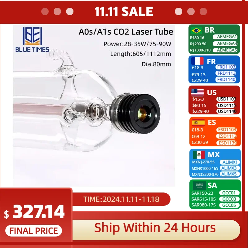 Bluetimes YongLi 28-35/75-90W Co2 Metal Glass Laser Tube 600/1100MM 90W Glass Laser Lamp for CO2 Laser Engraving Cutting Machine