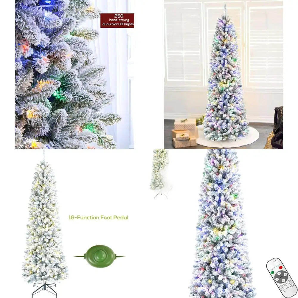 

Тонкая рождественская елка из флокированной ели с предварительной подсветкой на 6 футов, 250 разноцветных фонарей и пультом дистанционного управления для домашнего праздничного декора