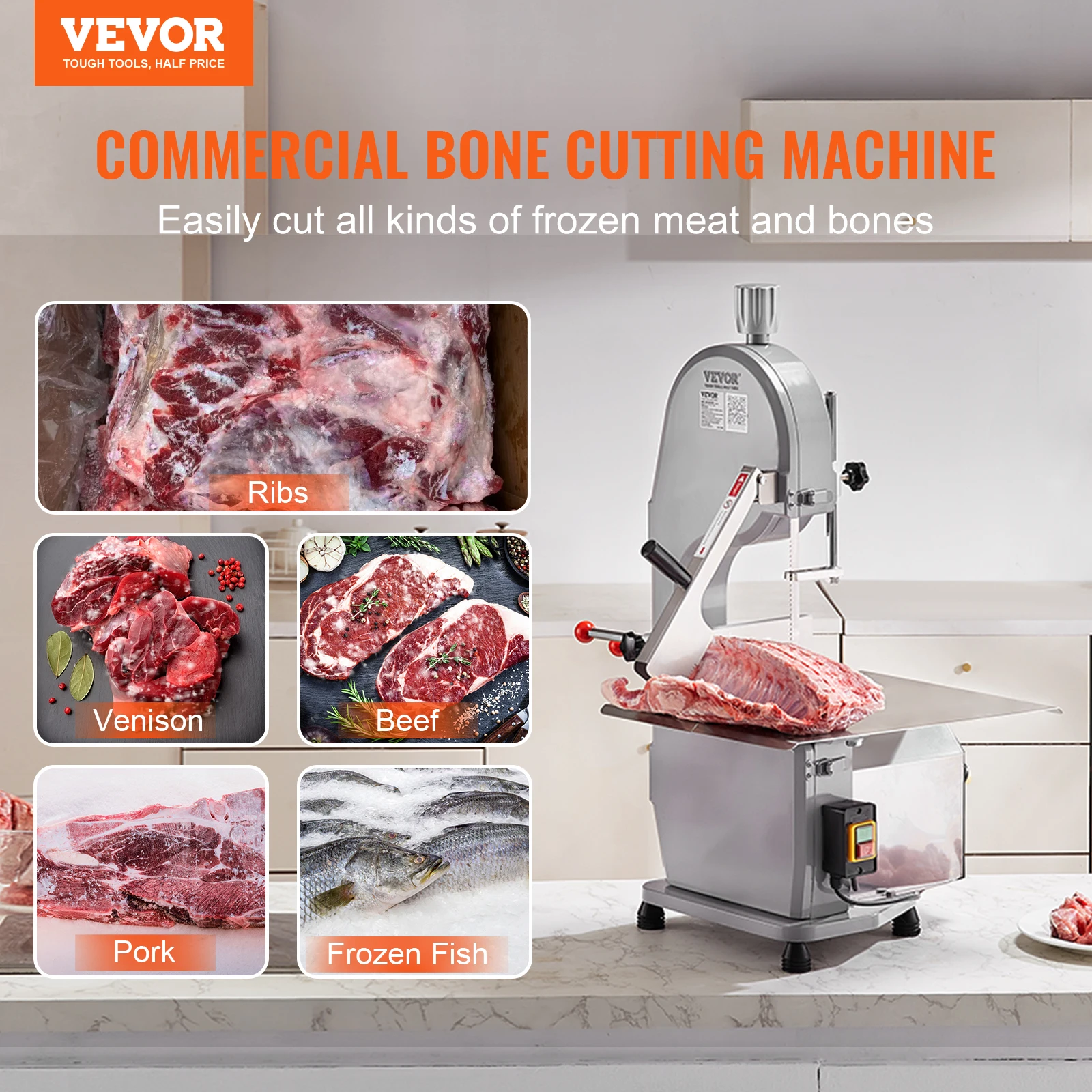 VEVOR Electric Bone Cutting Sawing Machine Automatic Commercial Tabletop Stainless Steel Bandsaw Bone Cutter for Home Kitchen