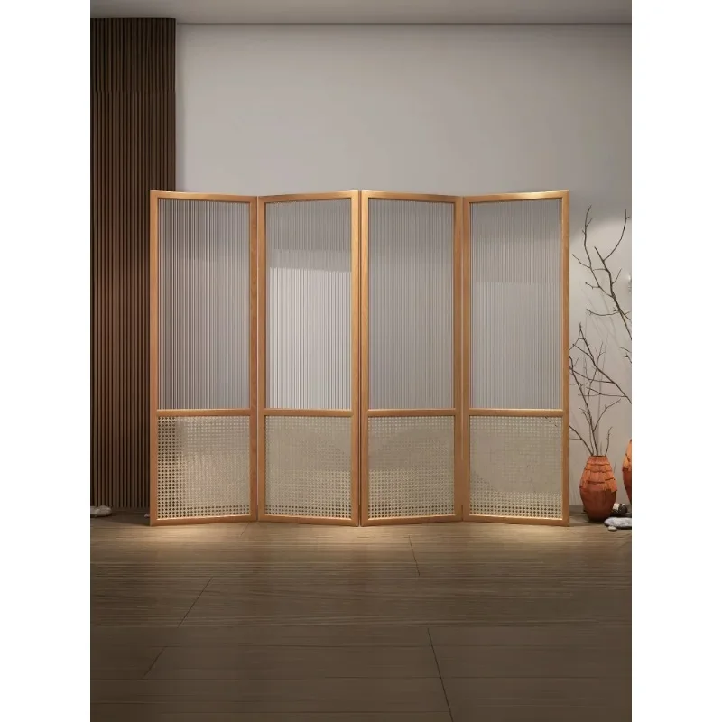 

Japanese-style solid wood rattan screen partition living room glass shielding custom simple modern entrance entrance folding mov