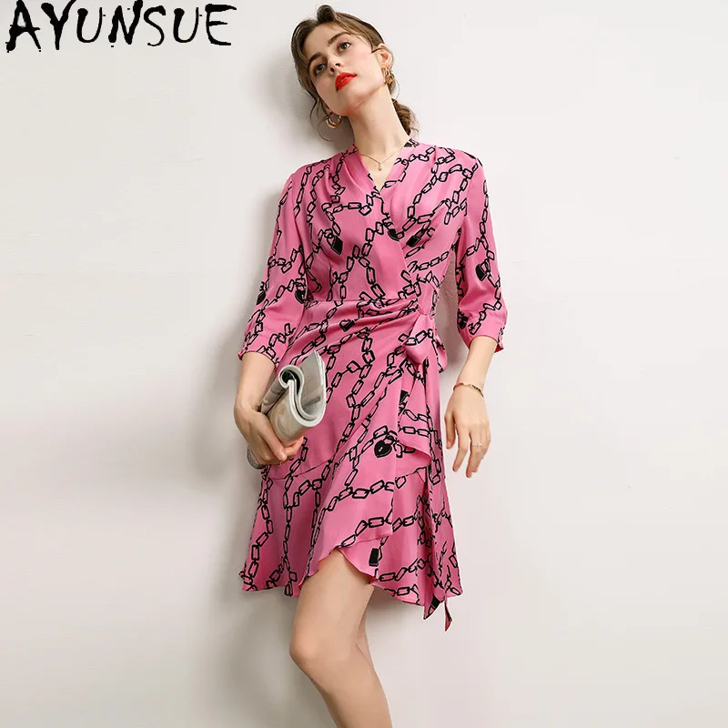 

AYUNSUE 100% Silk Dresses for Women Stylish Waist-cinched V-neck Dress 2026 Woman Summer Dresses Elegant Woman Clothes Vestidos