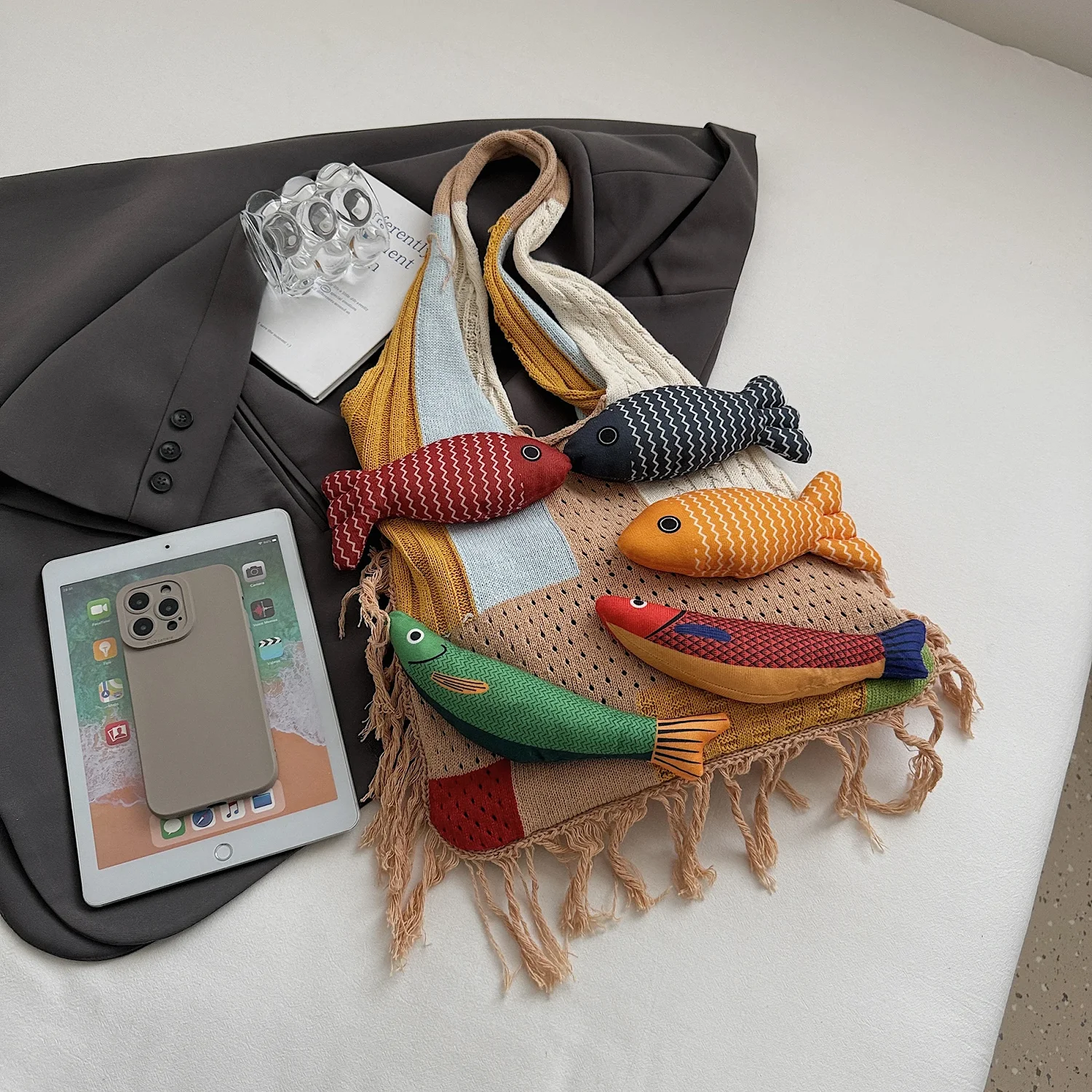 Сумка-тоут с рыбным дизайном, непринужденная пригородная сумка на плечо, хлопковая вязаная сумка крючком, универсальная вязаная сумка на плечо для путешествий, покупок, пляжа