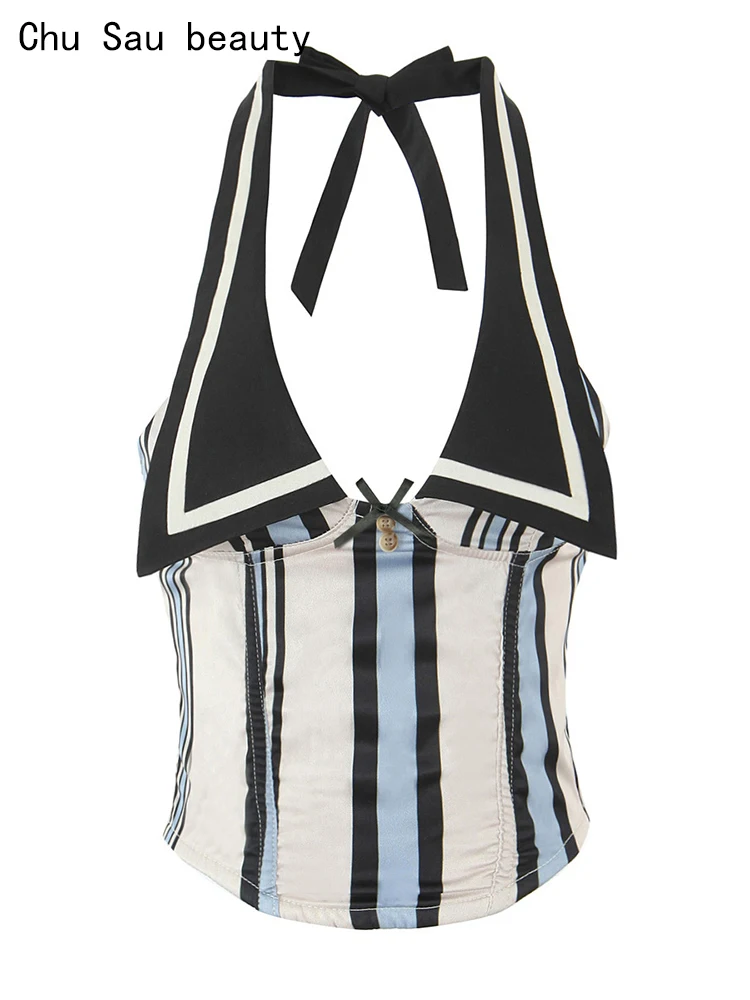 تشو ساو بيوتي 2025 المرأة موضة جديدة حلوة مخطط طباعة شيك بلا أكمام اقتصاص القمم خمر الرسن الرقبة مثير سليم بروتيل #1