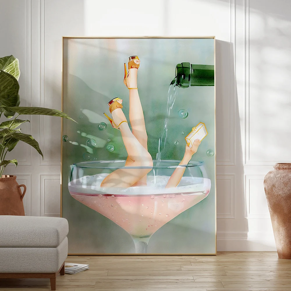 Retro Funky Female Champagne Wall Art Canvas Painting Nordic Poster And Prints Girly Cocktail Wall Picture For Living Room Decor