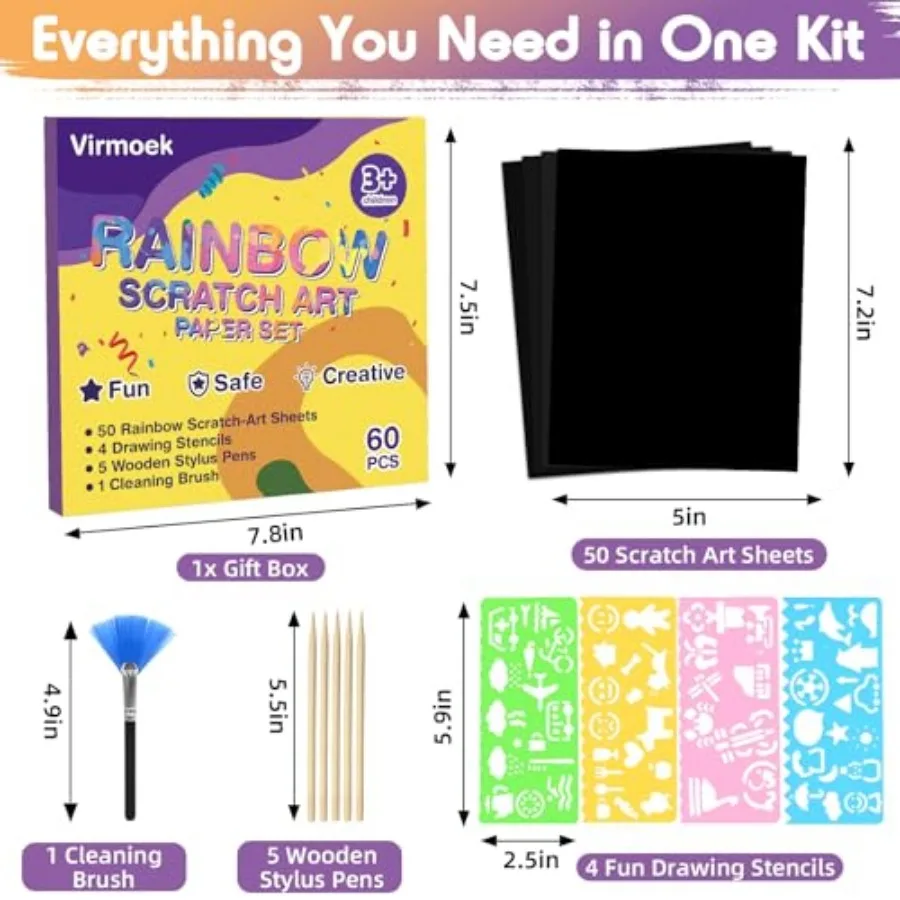 60 Pcs Scratch Art for,Ages 3-8, Rainbow Scratch Paper Kit, Magic Scratch Off Art Craft Set, Mess-Free Craft Supplies, Easter B
