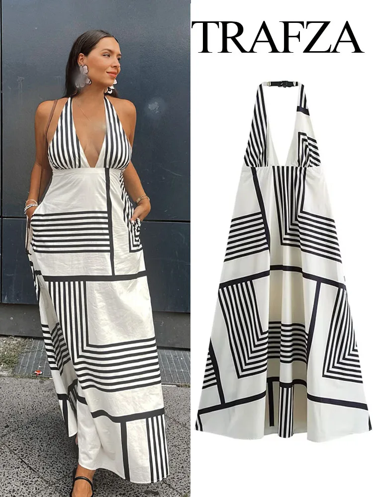 TRAFZA Summer New Fashion Women Dresses White Black Stripe V-Neck Sleeveless Backless Zipper Female Beach Style Long Dress