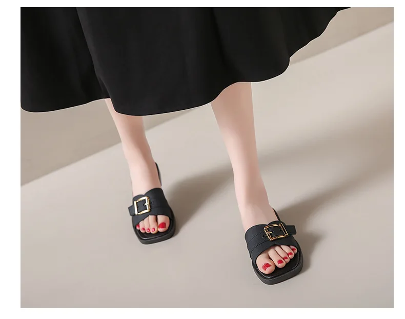 Frauen Flache Hausschuhe Sommer Leder Karree Frauen Wohnungen Flip-Flops Designer Damen Rutschen Sandalen Frauen Schuhe Luxus Sandalen – Detail 14