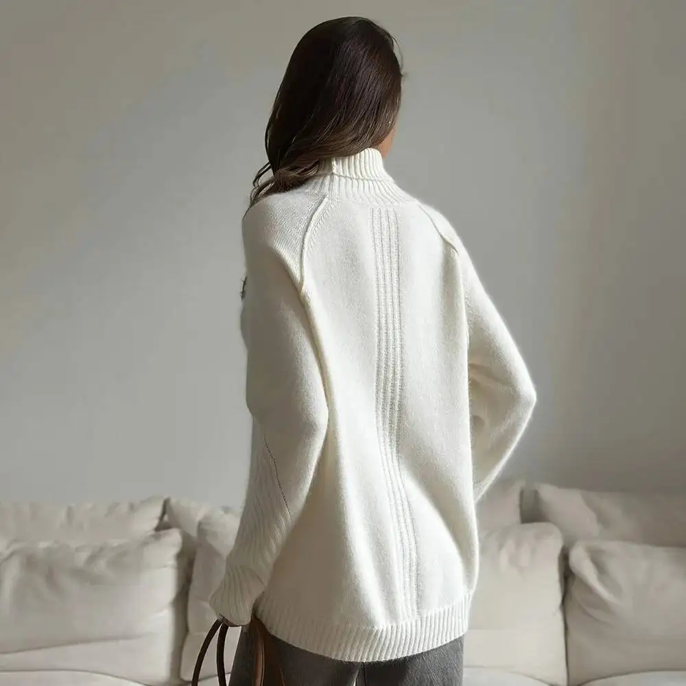 Pull à col haut pour femme, tricoté blanc, ample et décontracté, nouvelle collection automne hiver 2025