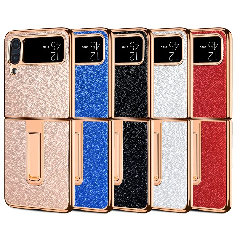 Vietao z flip5 Golden Plated genuine Leather mobile Phone Case for Samsung Galaxy Z Flip 3 5G 4 5 Case Cover with Hidden bracket