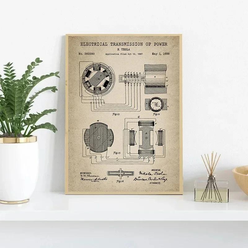تسلا ملصقات براءة اختراع كهربائية عتيقة ، مطبوعات لوحة قماشية ، صورة فنية جدارية للمكتب ، ديكور المنزل ، هدية مهندس كهربائي