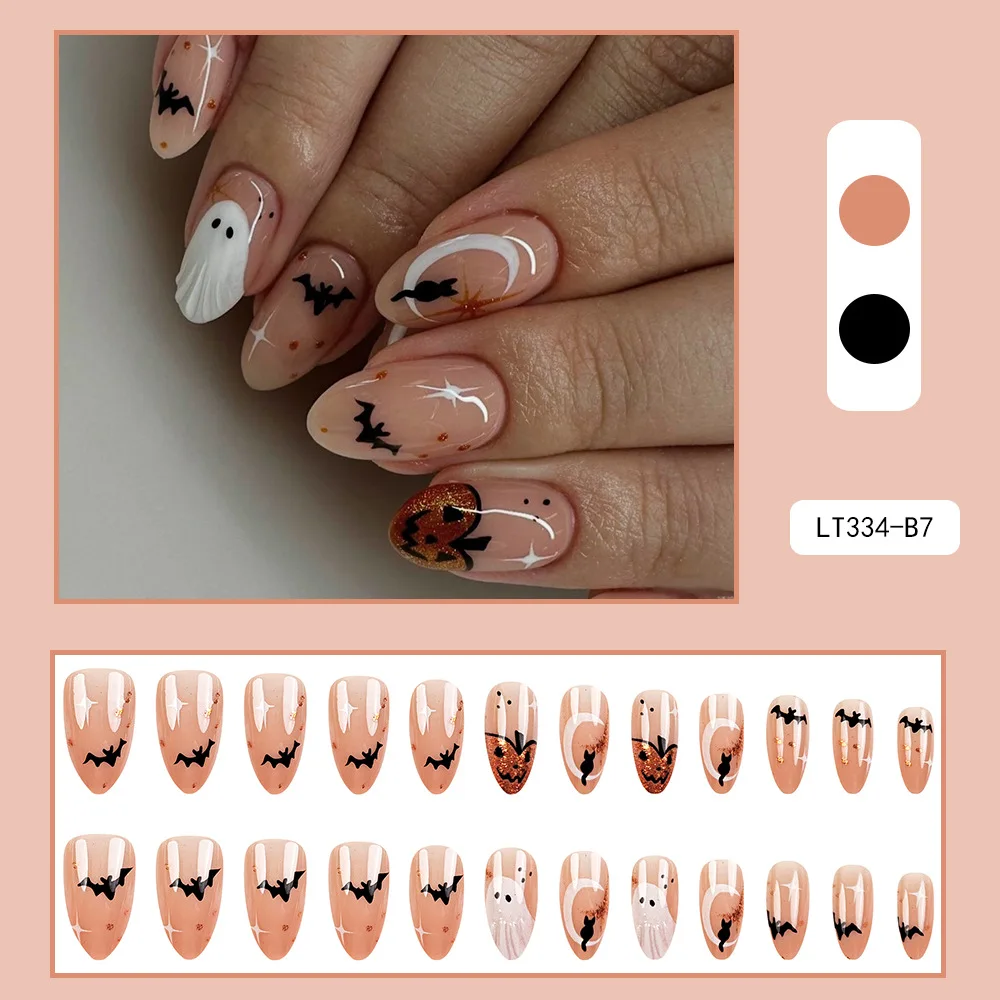 24 pezzi semplice stampa di mandorle sulle unghie carino bianco fantasma pipistrello decorazione unghie finte indossabile riutilizzabile piccante fresco Halloween punte per unghie finte