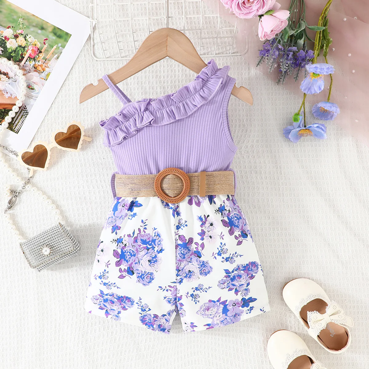 Girls Summer Sleeveless Jumpsuit Kids Lace Neckline Stitching Flower Print Jumpsuit Children Beauty Charm Rose Jumpsuit Clothes