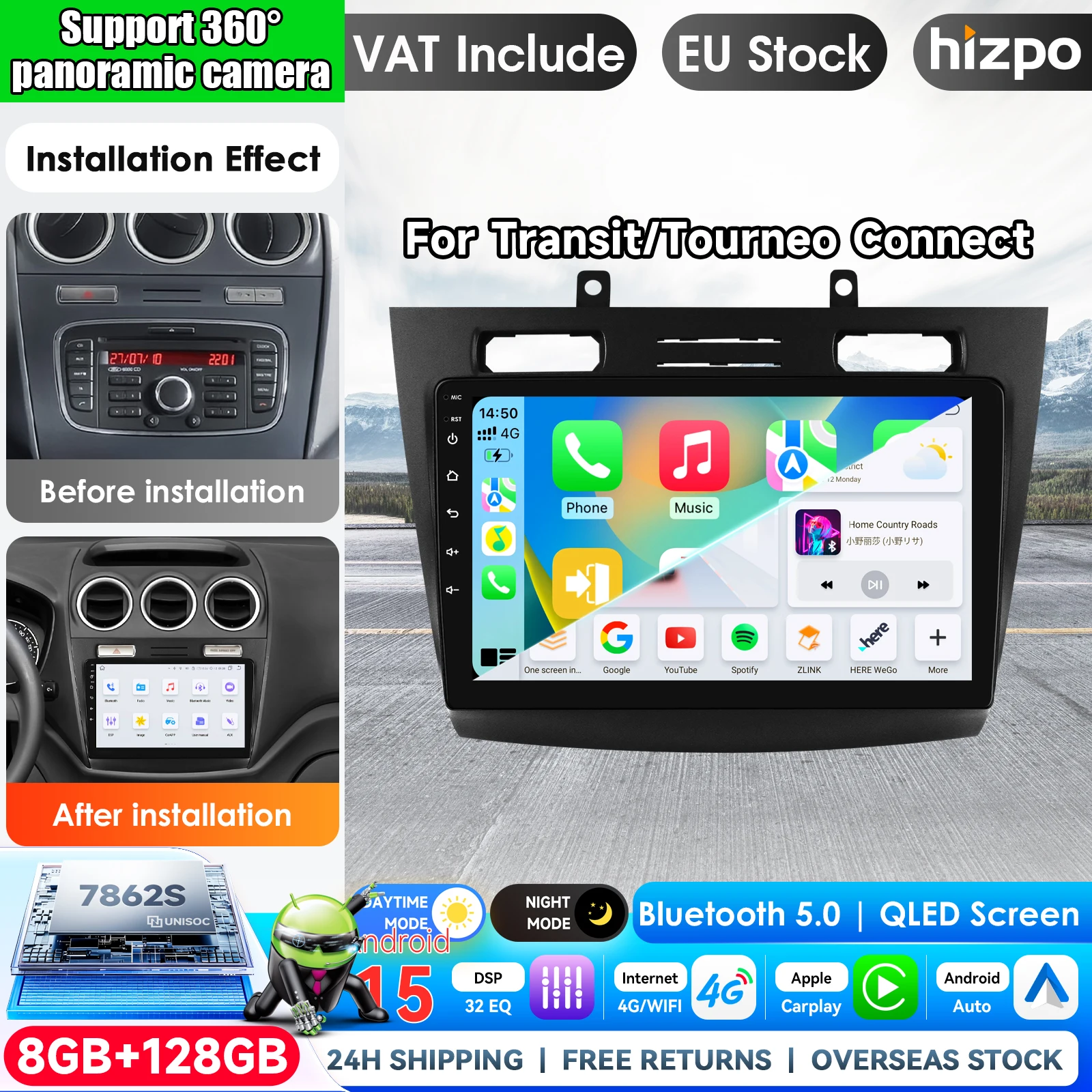 Hizpo Autoradio Android 15 da 10,1 pollici per Ford Transit Connect Tourneo Connect 2005 - 2014 GPS Carplay Lettore Multimediale Navigazione Stereo DSP BT Display Touch Airplay Autoradio Stereo GPS
